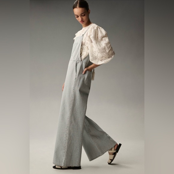 Anthropologie Self Contrast Women's Railroad Stripe Overalls Large NWT - Picture 3 of 7